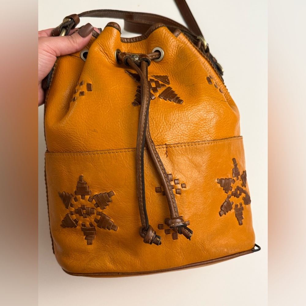 Patricia Nash Brindisi Distressed Brown and Tan Leather Drawstring Bag